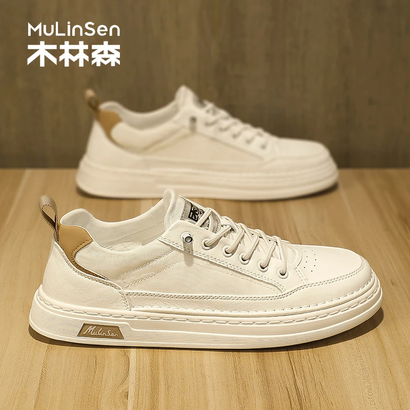 木林森板鞋男款2025新款秋季透气男士皮鞋运动软底增高休闲小白鞋