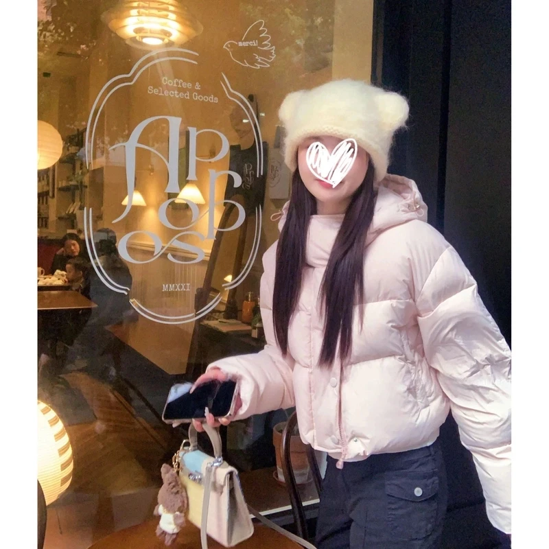 清仓~韩系浅粉色新款冬季连帽外套短款棉服立领面包服加厚保暖