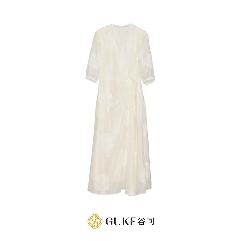 GKE/谷可LQ1316绣花系带连衣裙夏季中式修身显瘦V领裙子气质长裙
