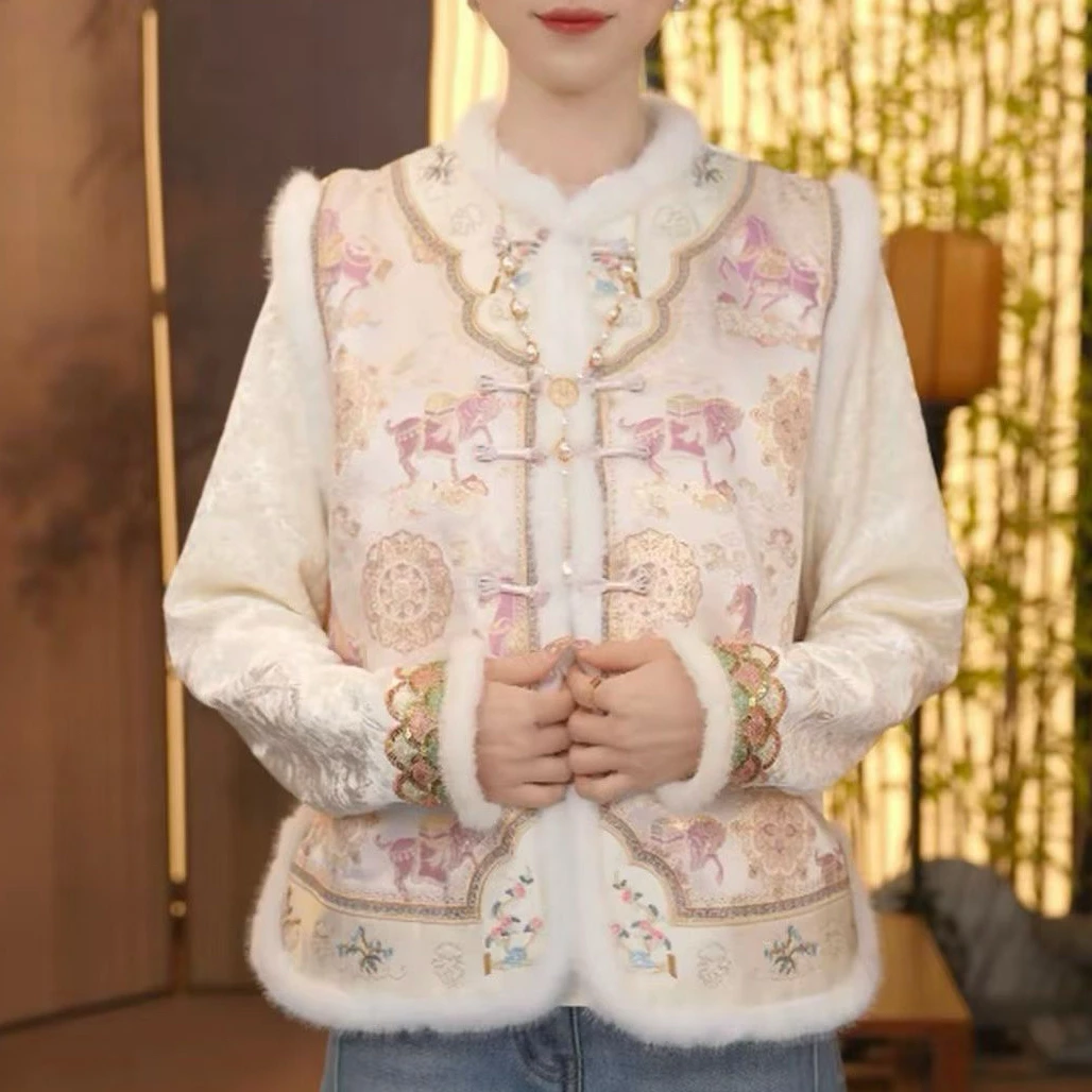 【苏杭版】新中式冬季加棉保暖重工刺绣宋锦缎毛毛立领马甲女减龄