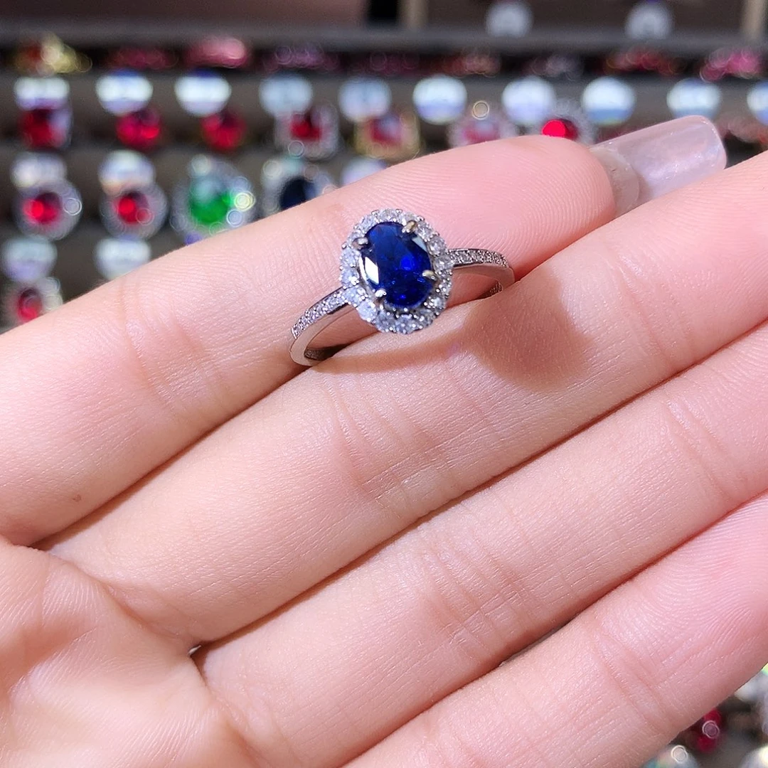 戒指蓝宝石银S925镶嵌白57