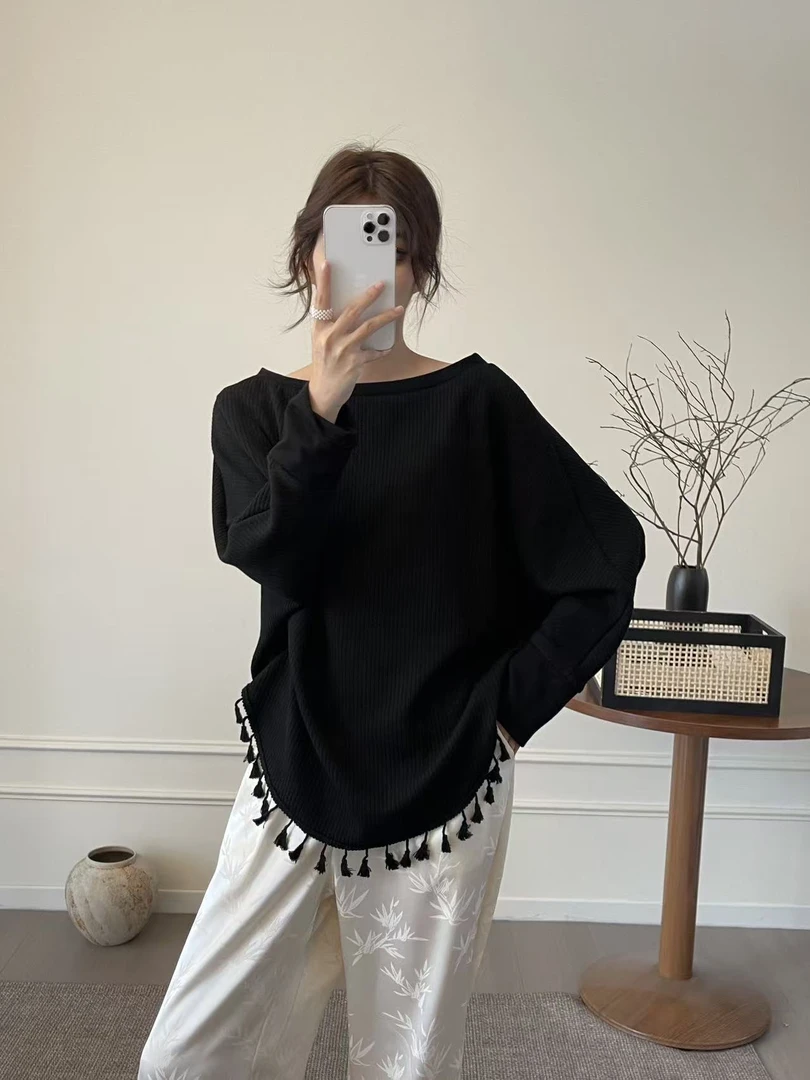 秋季新款针织T恤宽松型慵懒风百搭长袖一字领时尚黑色兰知春序