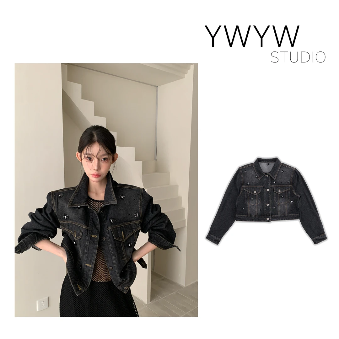 【YWYW25S/S】春季小亮片烫钻设计翻领长袖短款水洗牛仔小外套A8215