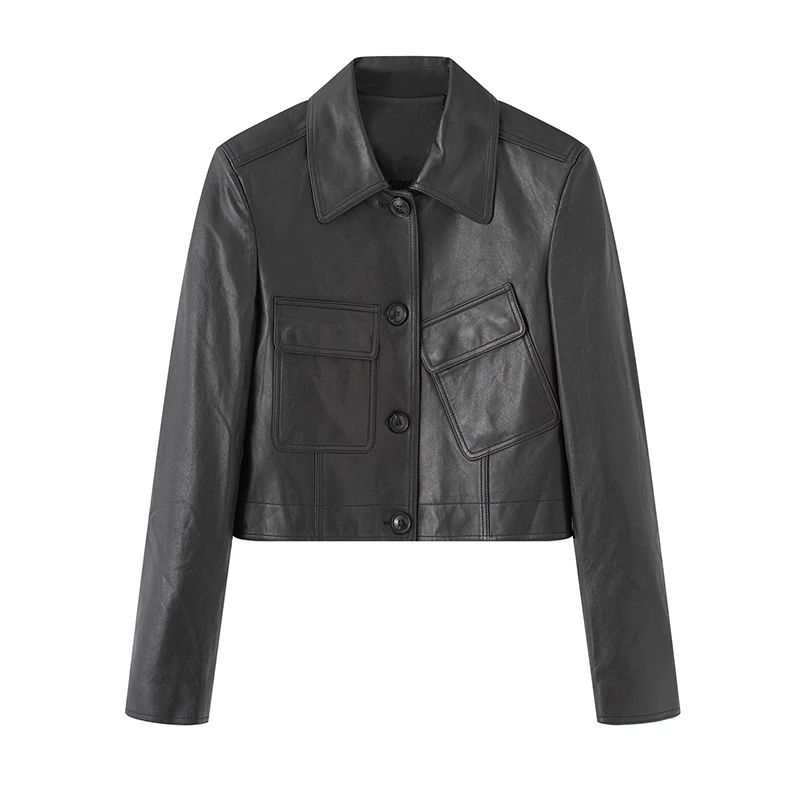 艾N丝商场同款2025秋冬季新款百搭翻领工装风PU皮衣短外套女3039