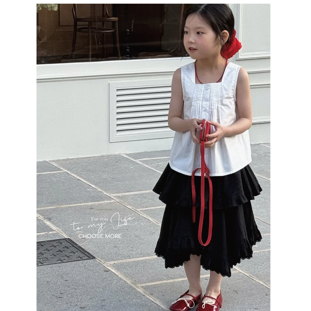 CHOOSE MORE 25夏季新款小清新女童法式压褶小方领无袖背心衬衣