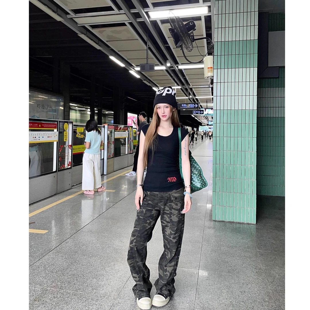 美式复古褶皱迷彩工装裤男女设计感直筒宽松百搭显瘦休闲裤ins