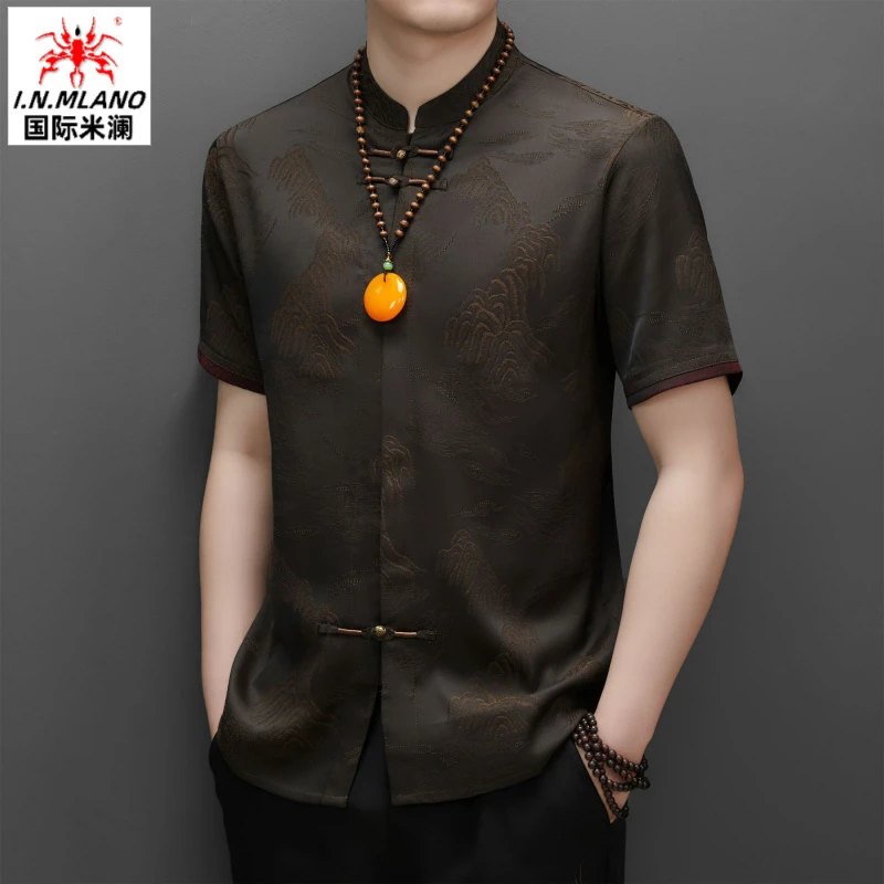 高端桑蚕丝中老年唐装男士夏季中国风真丝短袖爸爸装中式复古衬衫