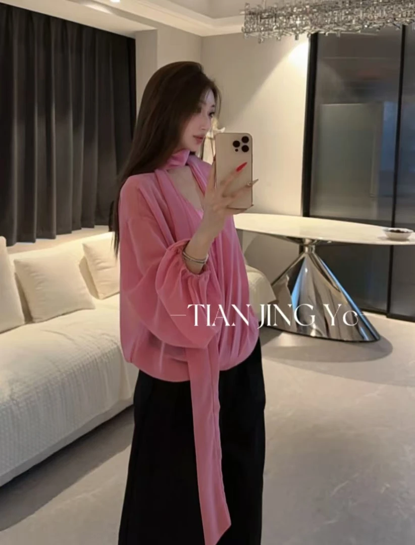 JINGYE/25飘带粉色雪纺薄款设计感小众宽松衬衣配粉色吊带
