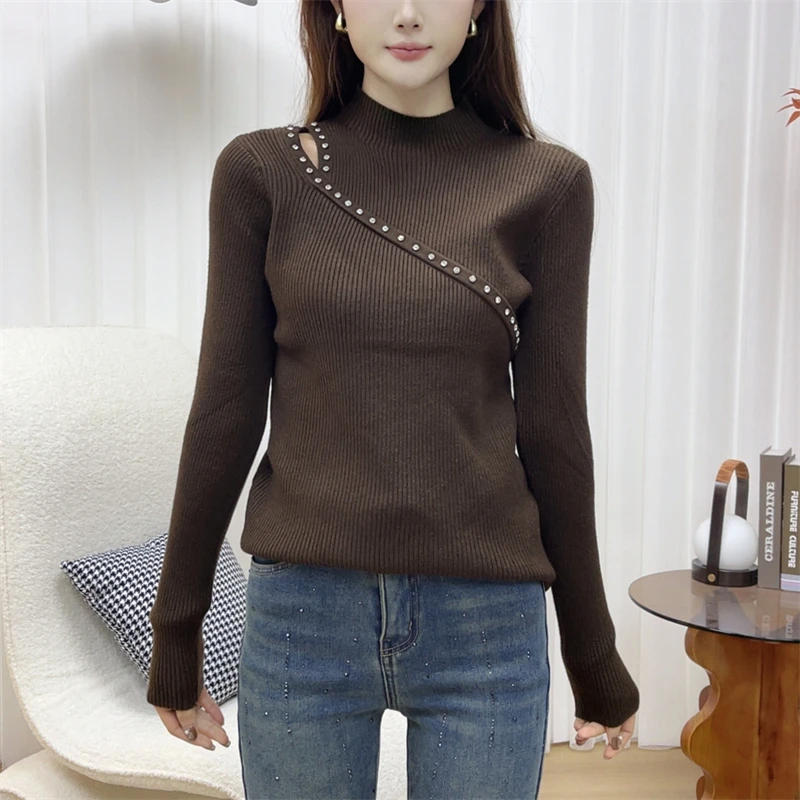 迪否镶钻镂空套头针织衫秋冬加绒时尚百搭女士上衣2334