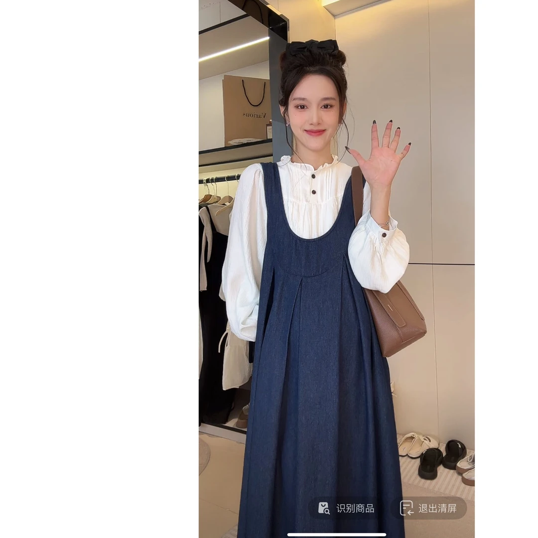 YNVO时尚2025春季新品韩版衬衣+牛仔背带裙 孕妇套装