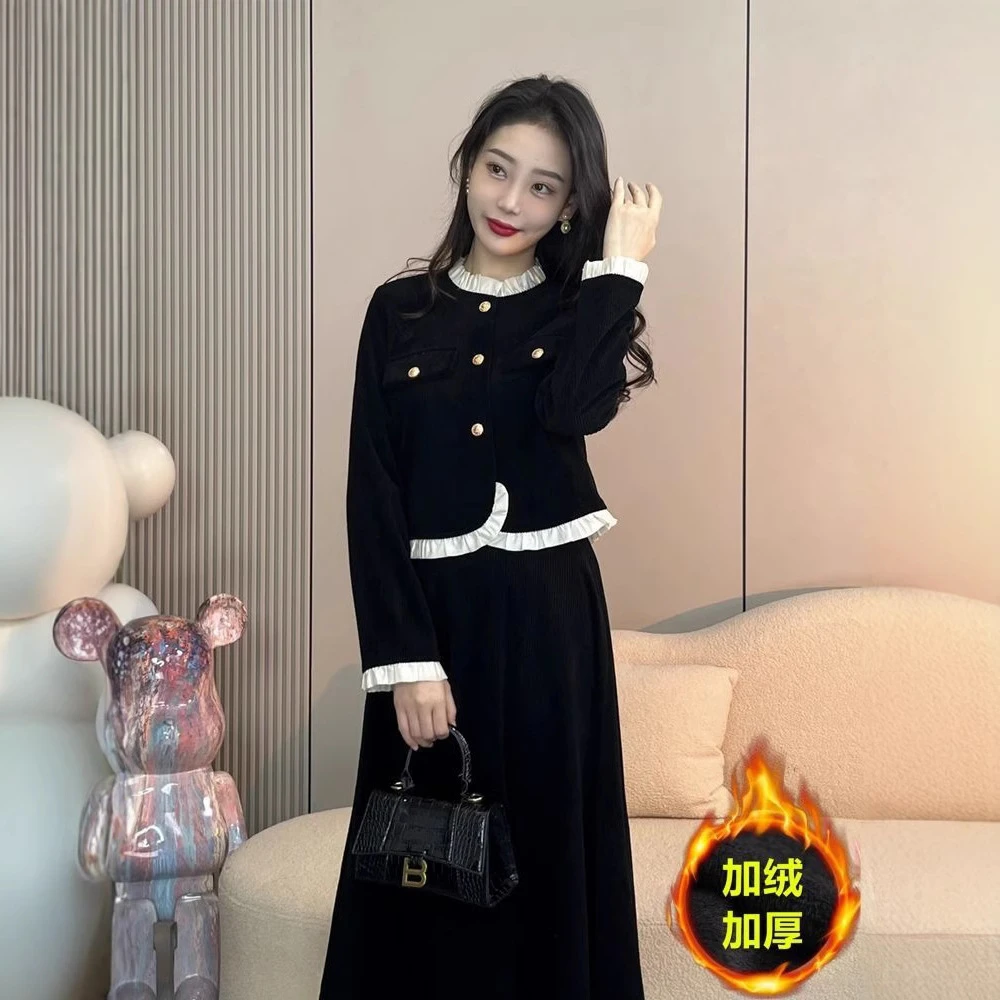 新款潮牌小香风套装女秋冬加绒新款洋气流行穿搭气质短外套半身裙