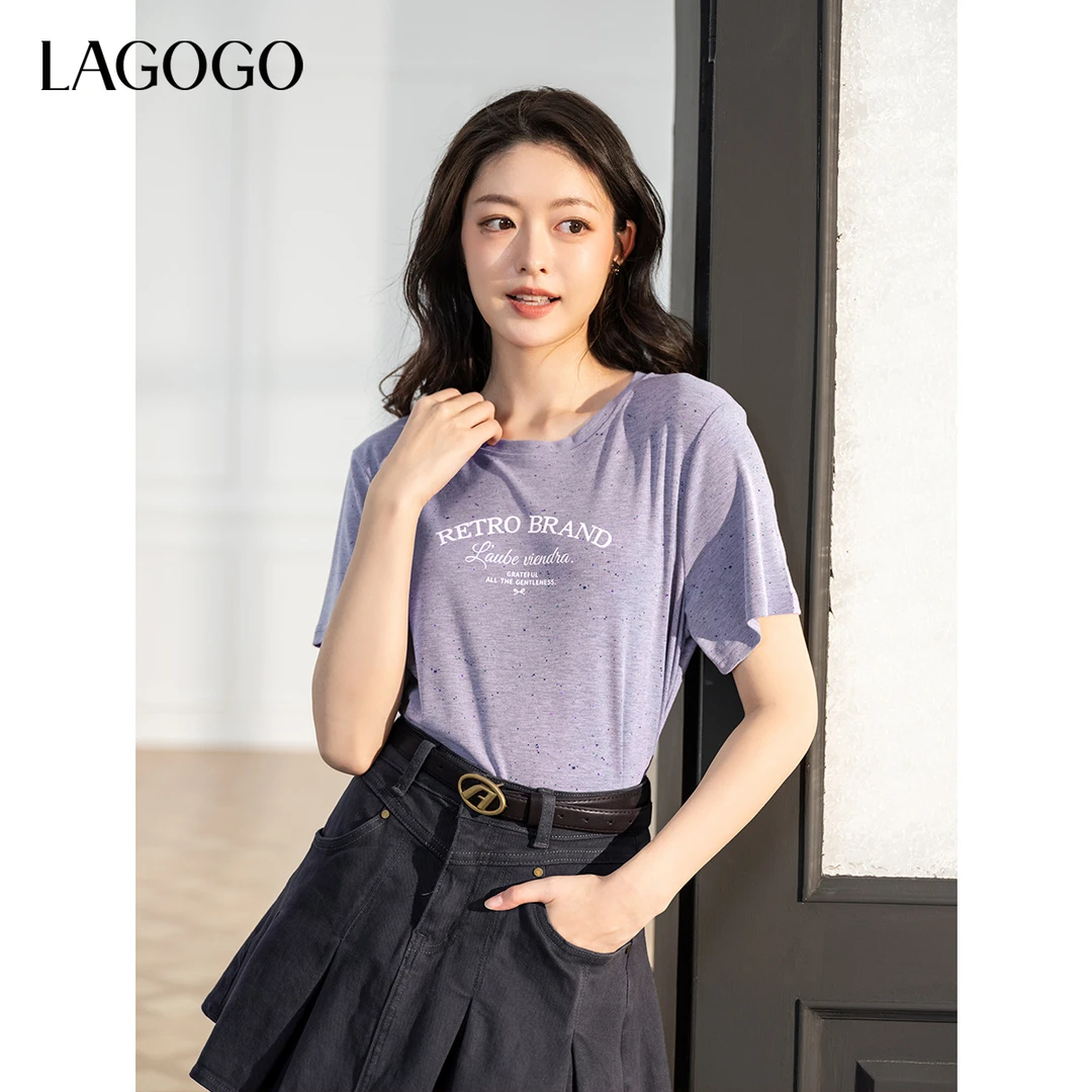 lagogo拉谷谷2025年新款弹力舒适字母香芋紫T恤女OATT311G15