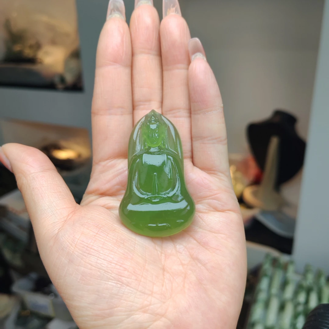 岫玉上品精美苹果绿素衣观音挂件