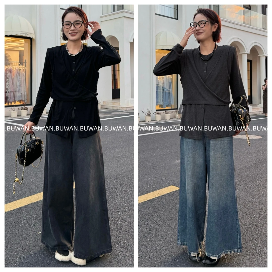 BUWAN【缓叶】秋季假两件小众交叉设计显瘦圆领纯色垫肩T恤7932