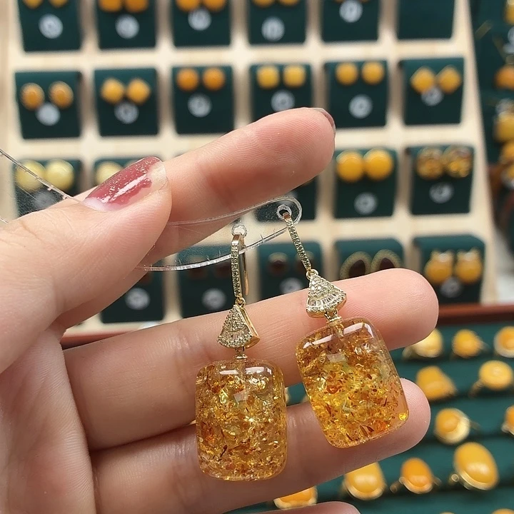 琥珀银S925镶嵌耳饰