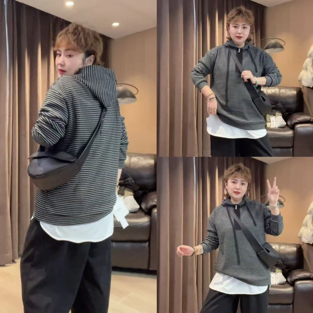 8860#休闲条纹连帽卫衣女2025年冬季新款半拉链宽松长袖T恤