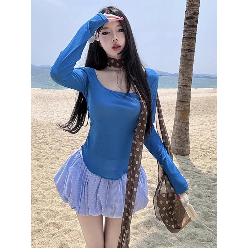 小众女装2025春季方领打底内搭长袖T恤上衣高腰显瘦花苞裙两件套