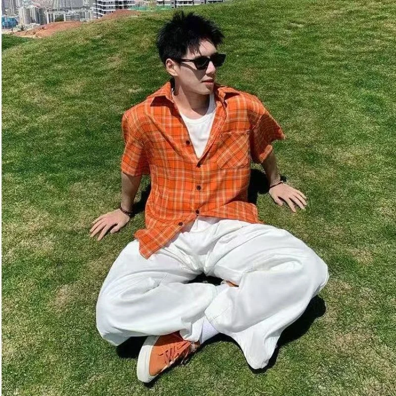 新款美式潮牌复古橙色格纹男女短袖衬衫宽松百搭翻领情侣衬衣上衣