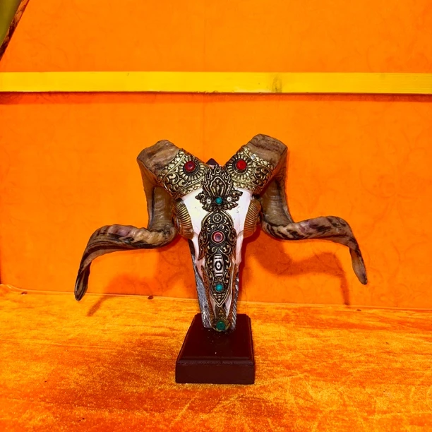 藏式包铜羊头骨工艺品 手工镶铜羊头标本 壁挂装饰 摆件店面装饰