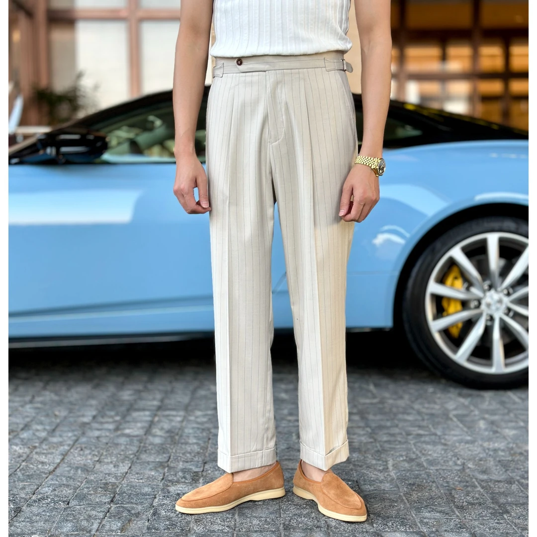 老钱风条纹卡其色男士西裤高腰商务休闲绅士直筒长裤