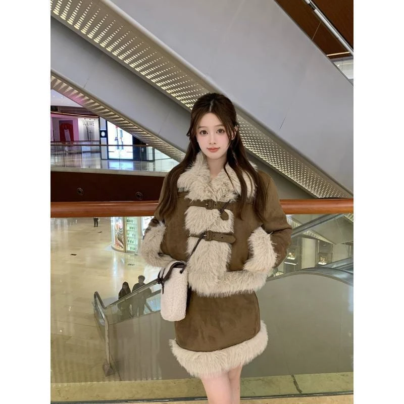 其他100%美拉德法式套装女仿麂皮绒拼接长袖外套秋冬包臀半身裙短