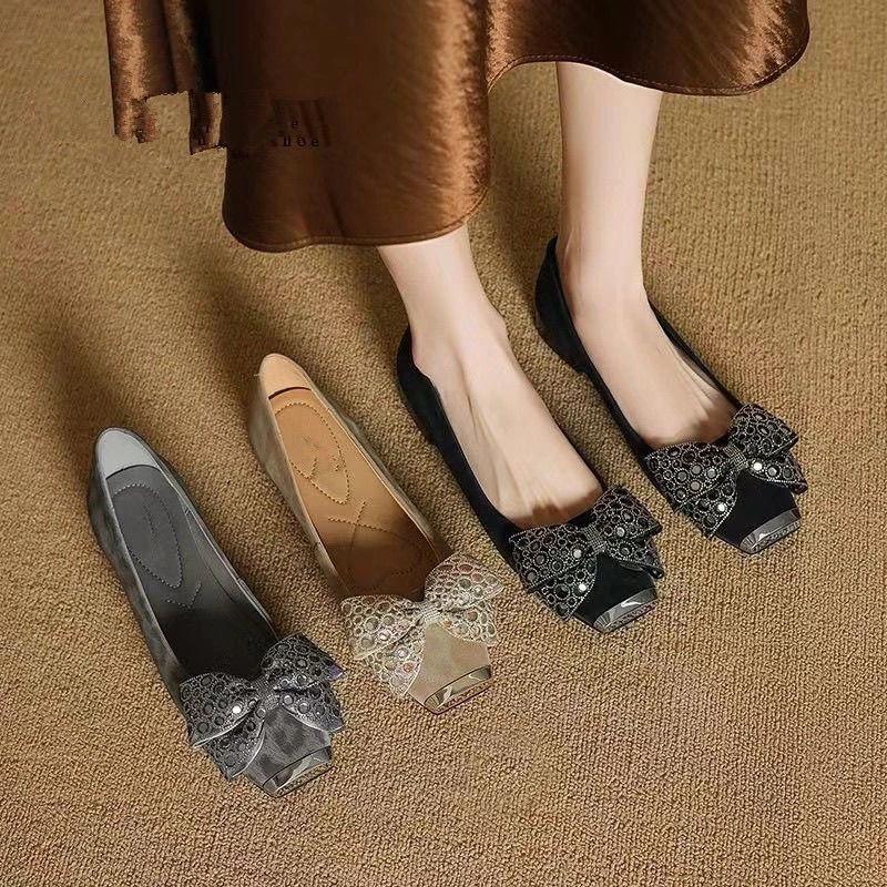 浅口单鞋软底气质真皮方头2025新款水钻蝴蝶结低底百搭女鞋