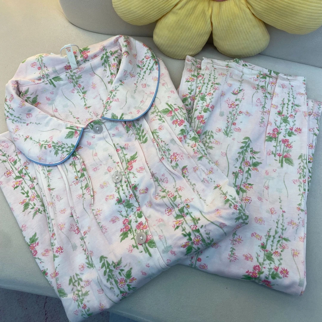 100%纯棉睡衣女2025春季新品开衫娃娃领碎花ins风宽松大码家居服