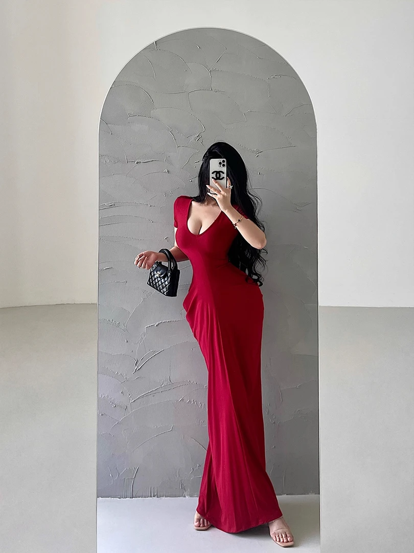 欧美卡戴珊性感深V收腰修身褶皱裙摆短袖连衣裙长裙高级感名媛裙