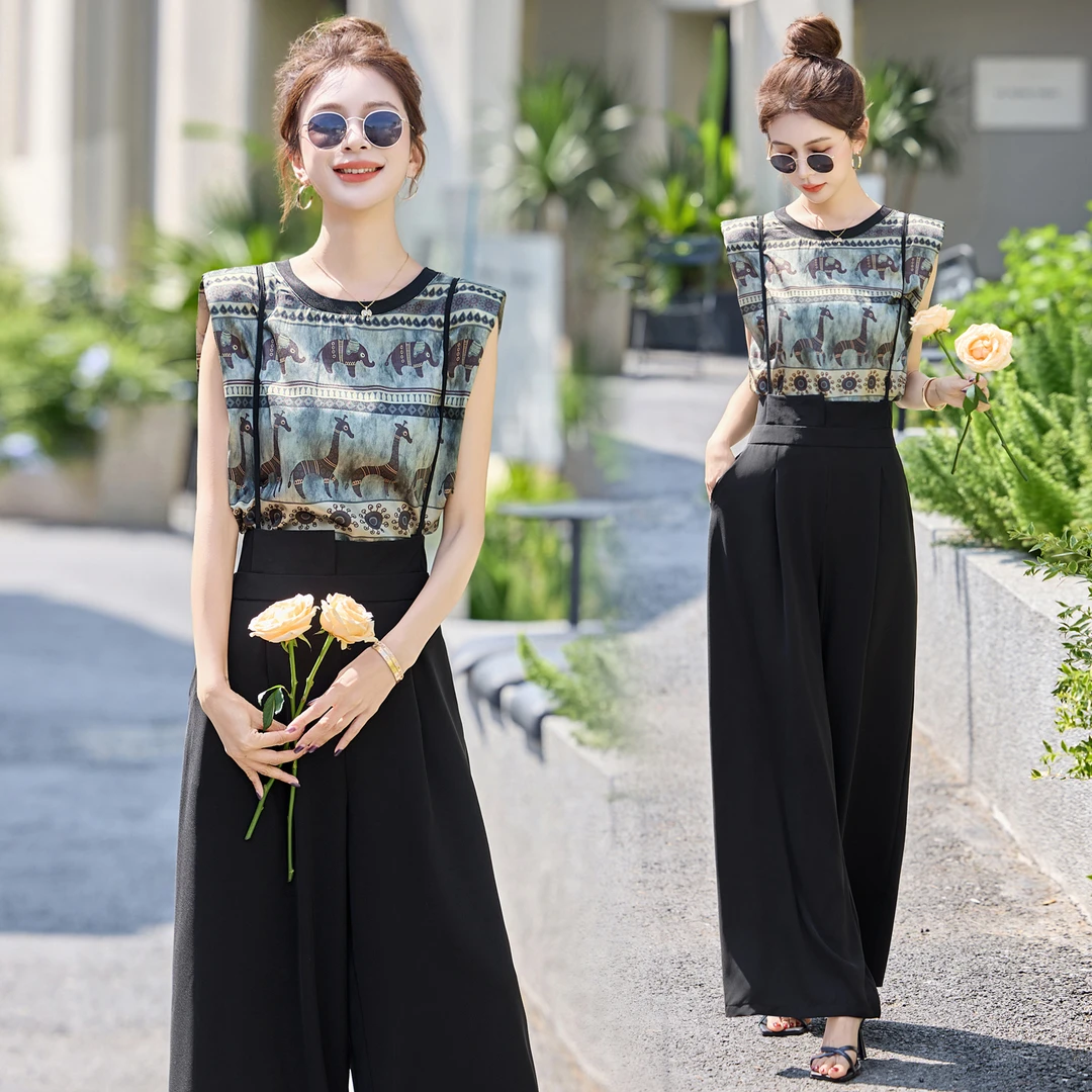 吊带连体裤时尚套装女2025夏新款印花T恤背带阔腿裤垂休闲两件套