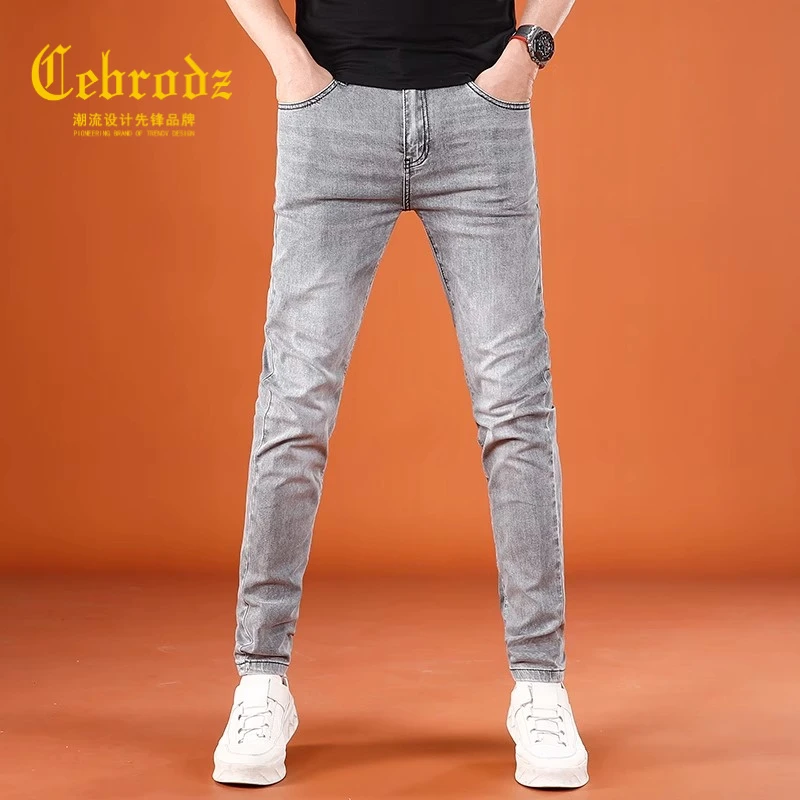 Cebrodz2025新款烟灰色裤男休闲裤夏季薄款弹力牛仔修身小脚长裤