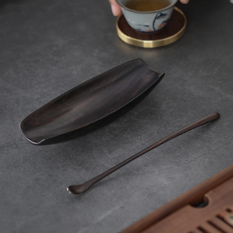 紫光檀手工茶则茶拨两件套赏茶荷茶勺茶道配件泡茶工具便携家用