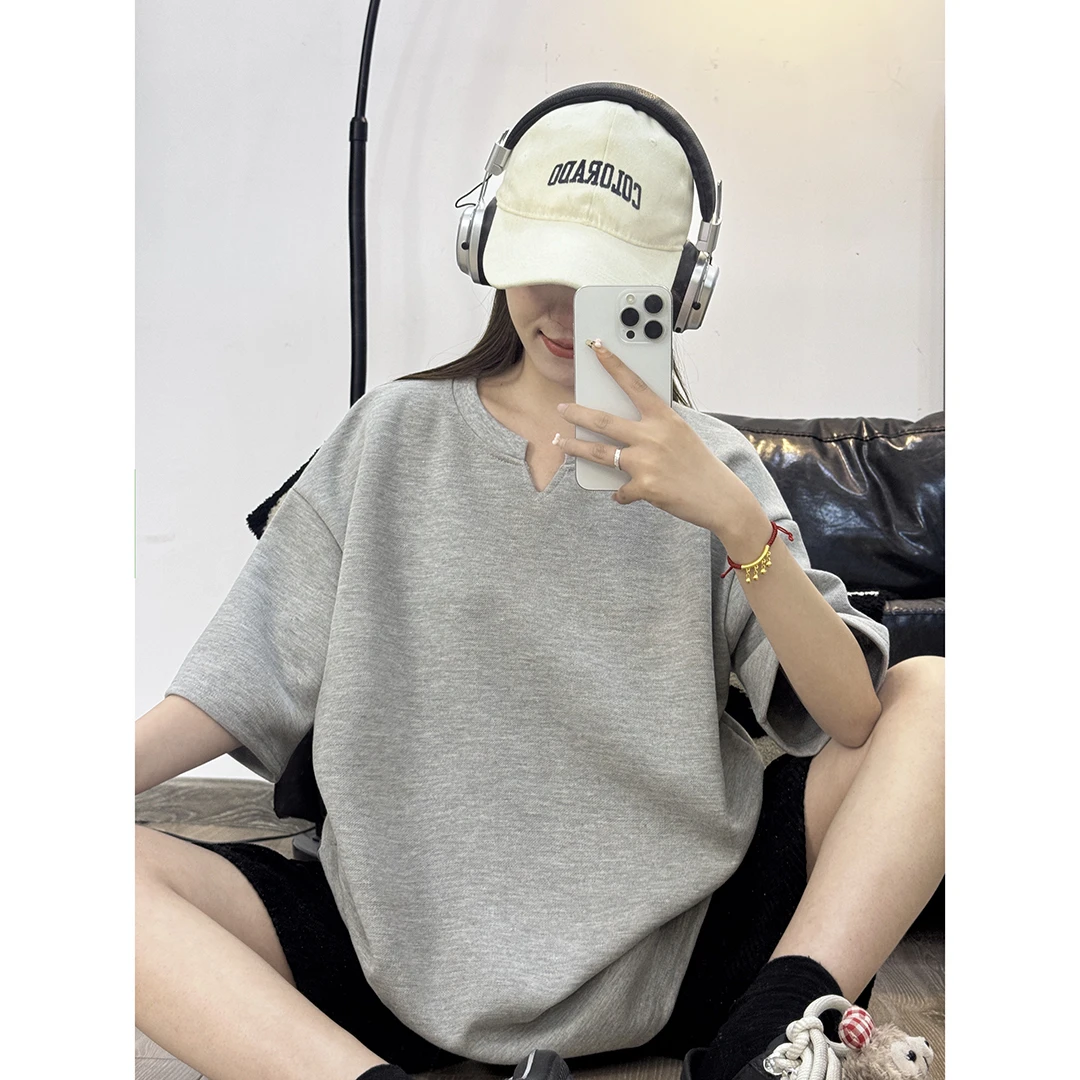 夏季百搭v领短袖男高级感网眼透气珠地棉T恤ins潮牌潮流打底