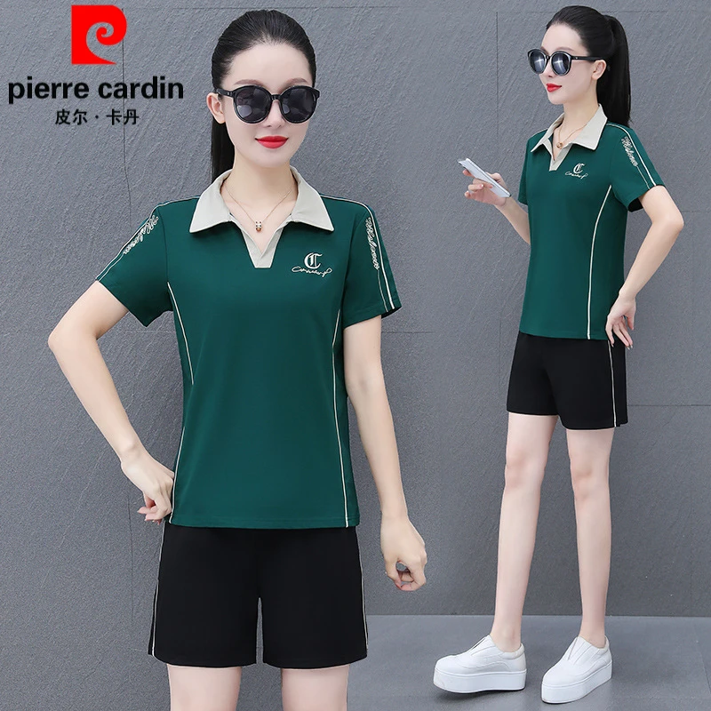皮尔卡丹中年妈妈时尚休闲运动套装女夏季POLO领短袖短裤两件套