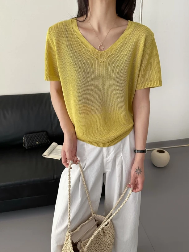 V领上衣拼接显身材V领夏季厚款镂空常规毛针织衫休闲针织衫