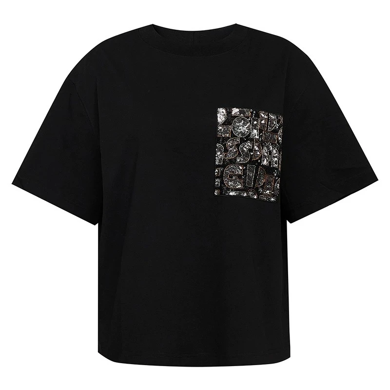 阿玛施【官方正品】新款质感胸前口袋亮片钉珠设计圆领T恤530088