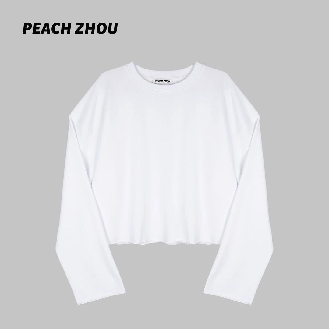 『PEACHZHOU』后三角标短款宽松圆领毛圈卫衣简约休闲纯色内搭长袖