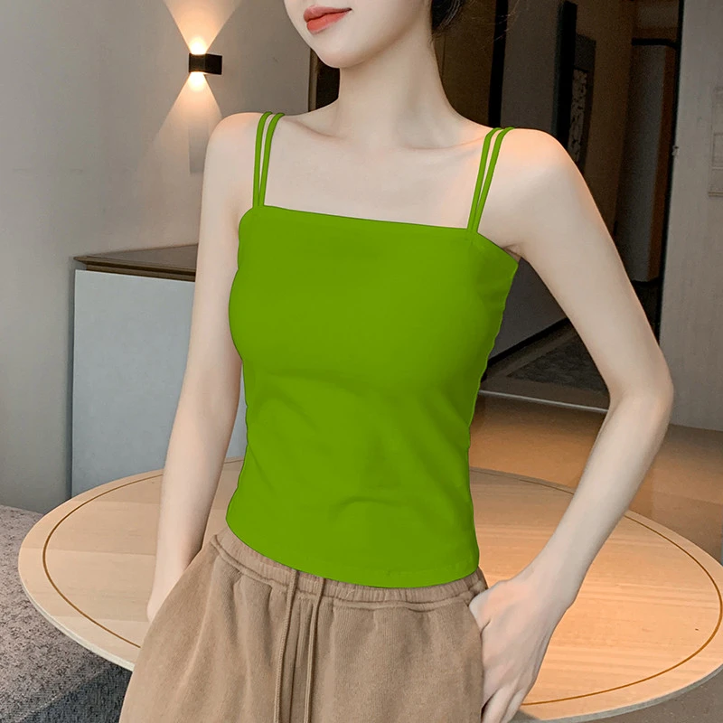 绿色吊带背心女夏一字领棉西装内搭网红遮副乳外穿无袖打底上衣