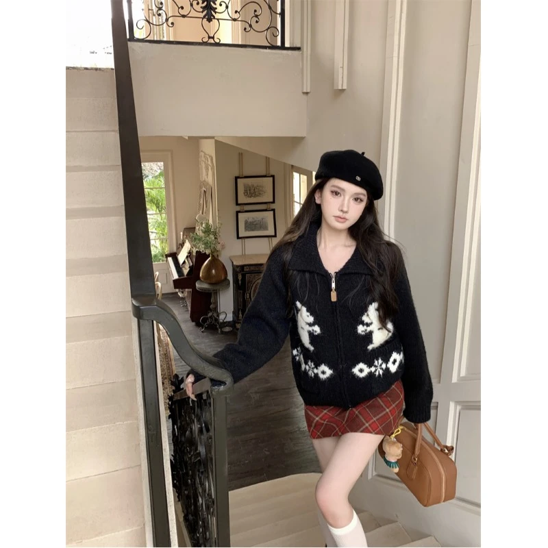 日系软糯拉链翻领长袖针织衫女秋季新款撞色百搭慵懒风毛衣外套