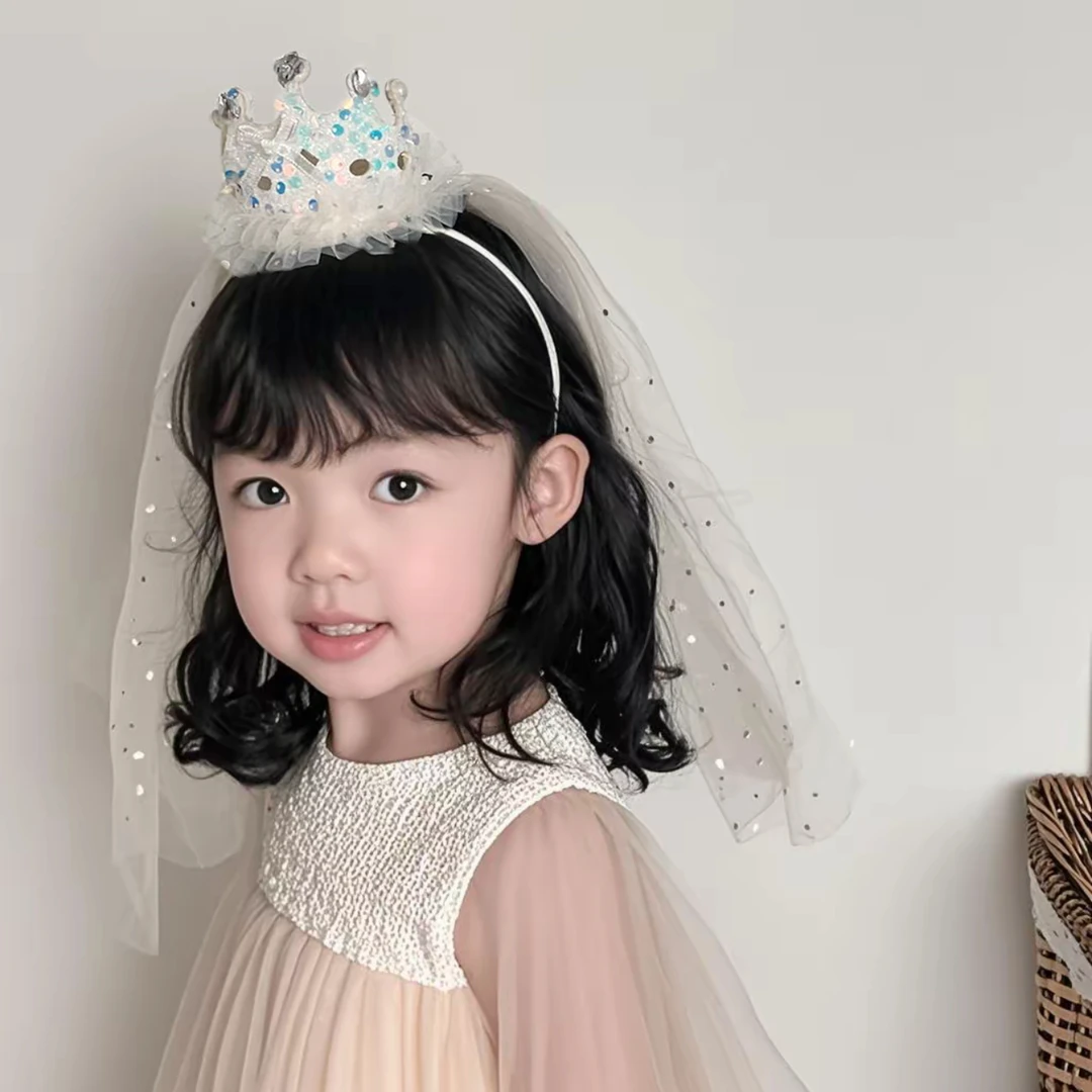 皇冠头饰儿童生日高级亮闪发箍女童披纱发饰宝宝周岁头纱公主头箍