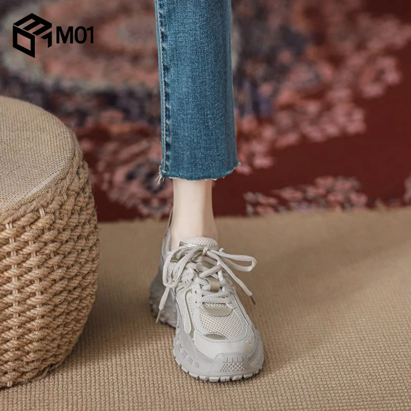 M01灰色老爹鞋女2025夏季网面透气增高炸街百搭轮胎底厚底运动鞋