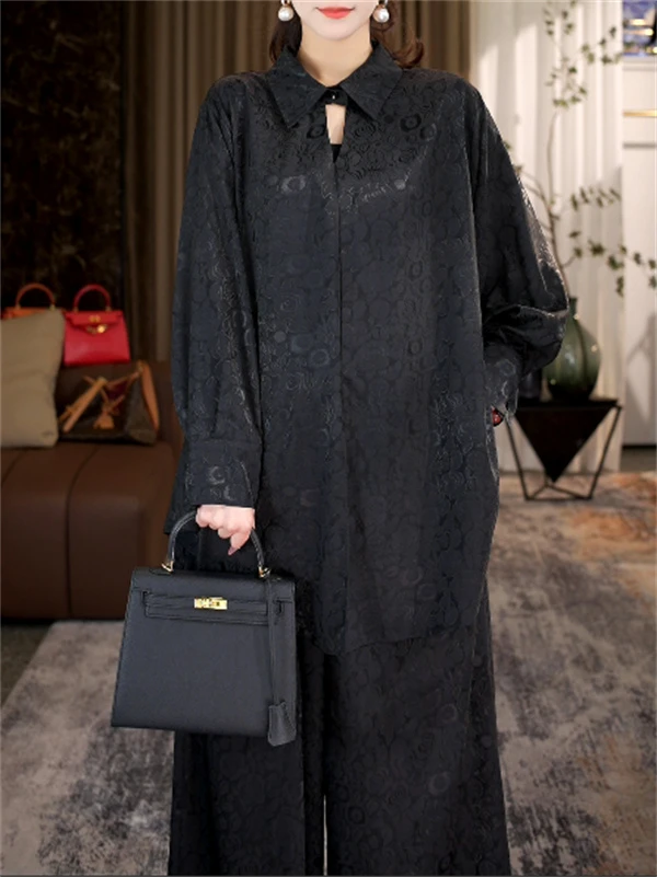 春款上新【黑玫瑰】时尚大码洋气气质高档宽松上衣裤子套装-0666#