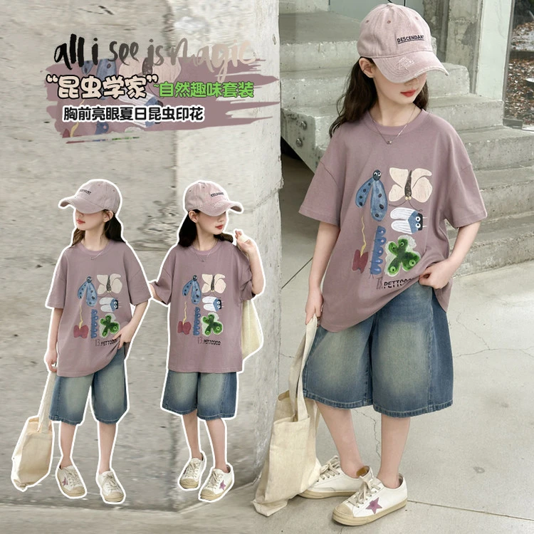 2025夏季新款女童短袖牛仔短裤套装中大童6-12岁潮款洋气休闲百搭