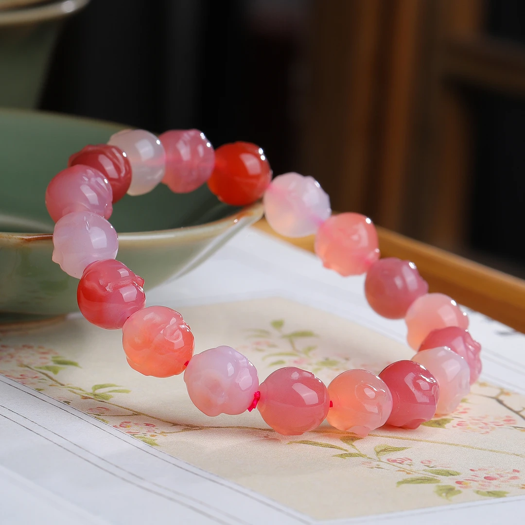 天然粉盐源玛瑙女士款多色佛头手链玉石平安珠串手串佛珠手饰礼物