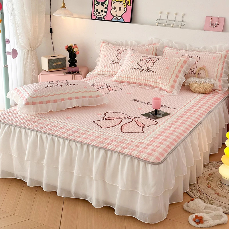 2025新款夏季双层花边床裙款乳胶冰丝凉席三件套公主风床垫席子