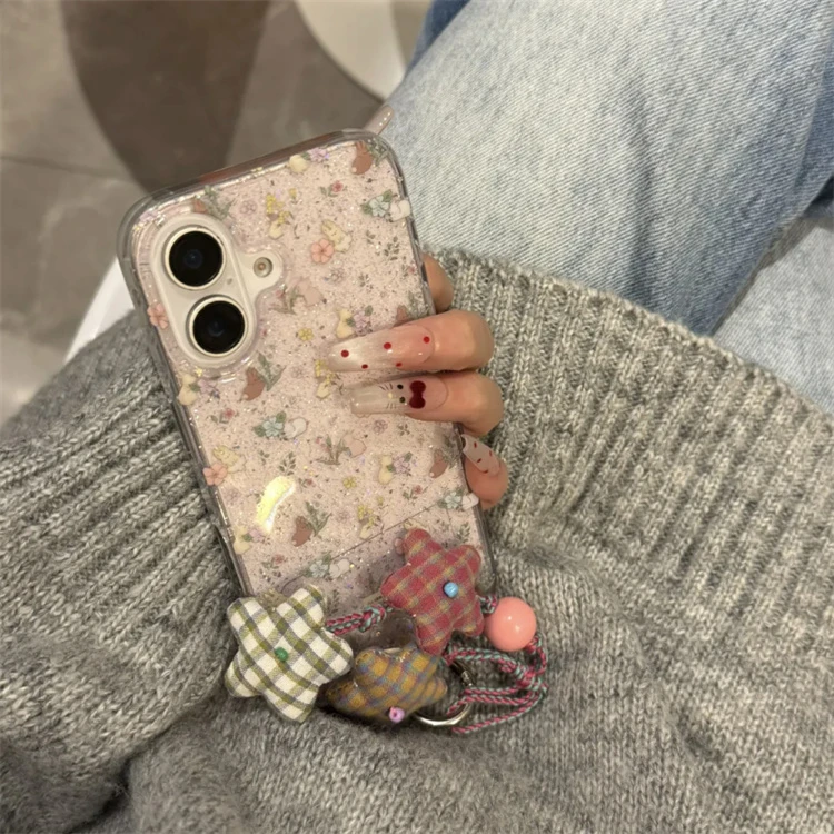 ins日韩闪钻碎花兔子适用iPhone16promax手机壳15Pro手提14少女13