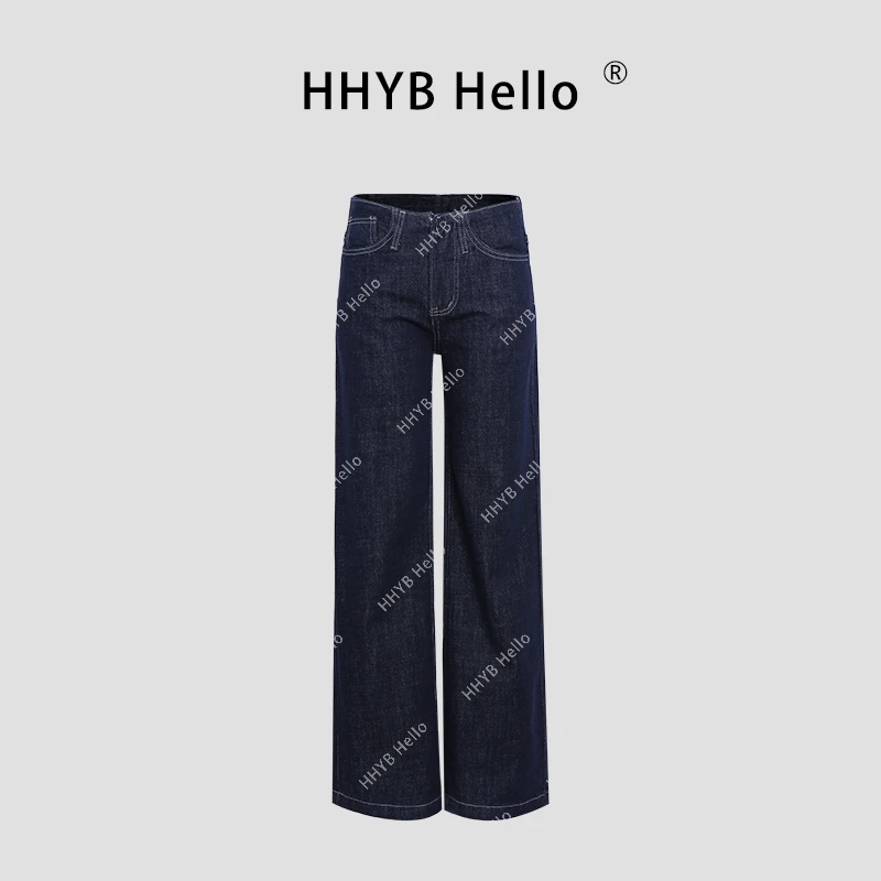 HHYB Hello2025春夏新款时尚复古无腰头宽松阔腿牛仔裤女Q254066