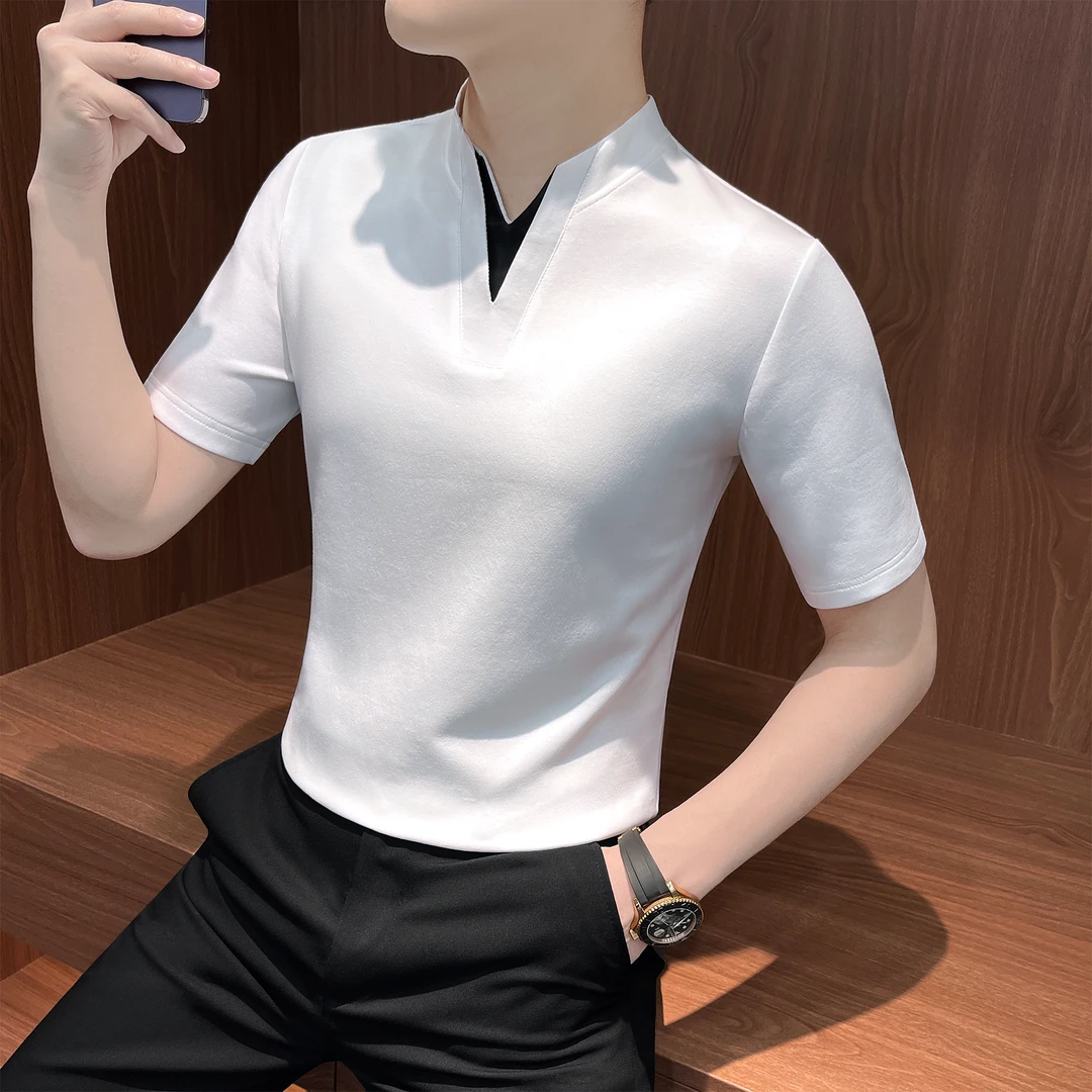 假两件v领男士t恤短袖秋季新款上衣气场强大高级感男装潮流白体恤