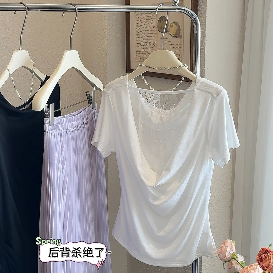 设计感的T恤衫灰色荡领短袖t女装莫代尔拼接蕾丝法式荡领短袖t恤