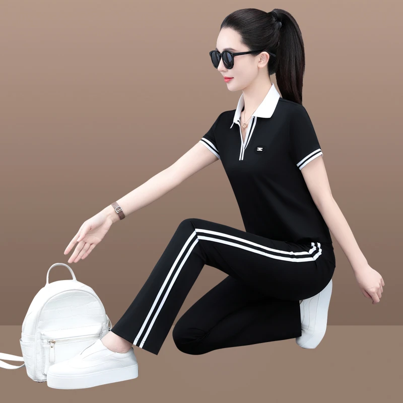 冰丝运动套装女夏2025新款时尚洋气妈妈翻领短袖长裤休闲两件套薄