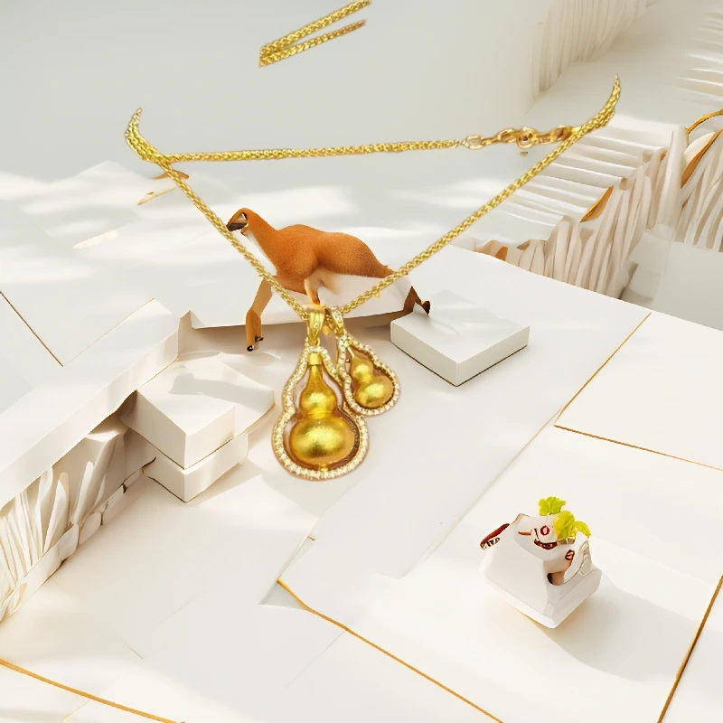 时尚女款铜合金项链小红书热门古法新中式点钻双葫芦可旋转小金葫